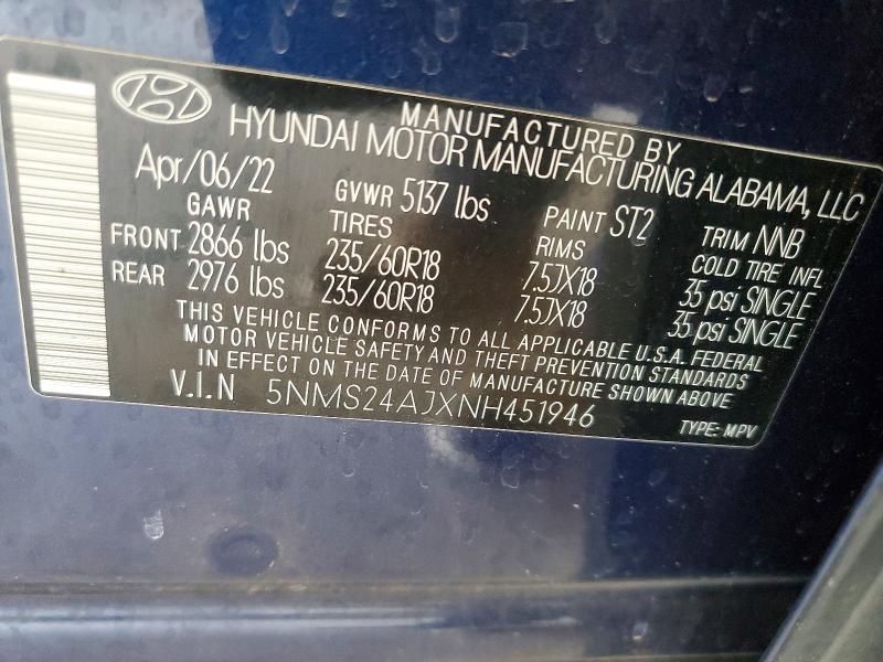 Продаж на аукціоні авто 2022 Hyundai Santa Fe, vin: 5NMS24AJXNH451946, номер лоту: 52527356