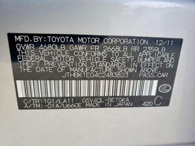 Продажа на аукционе авто 2012 Lexus Es, vin: JTHBK1EG4C2483823, номер лота: 52087616
