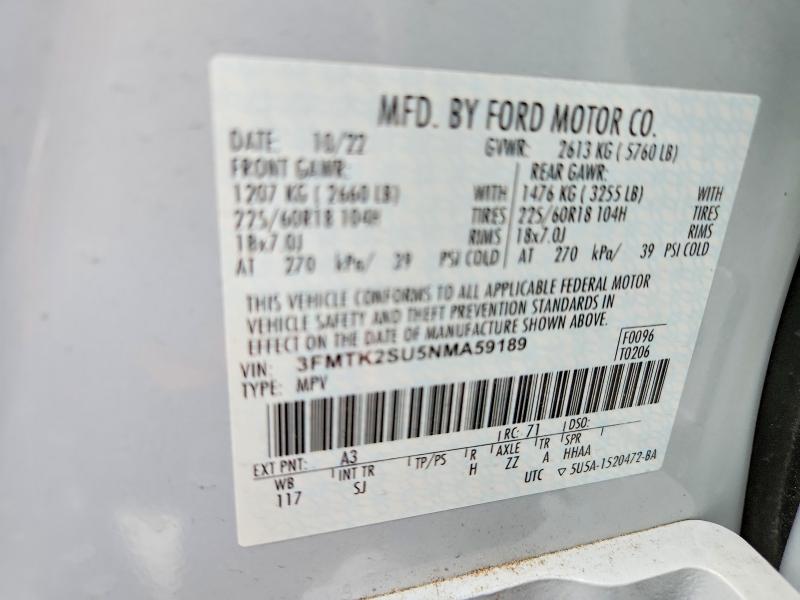 Продаж на аукціоні авто 2022 Ford Mustang Mach-e, vin: 3FMTK2SU5NMA59189, номер лоту: 55119526