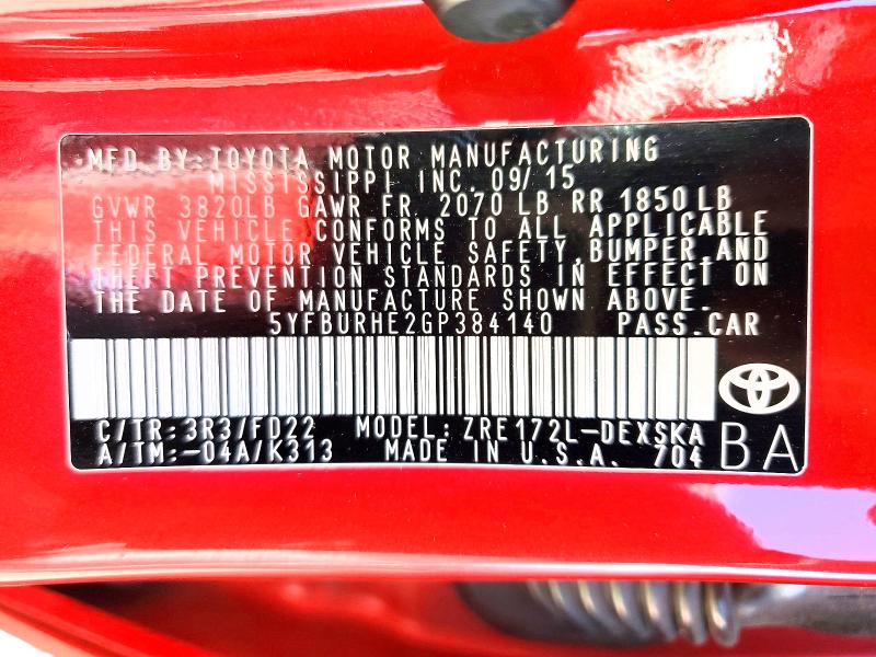 2016 Toyota Corolla მანქანა იყიდება აუქციონზე, vin: 5YFBURHE2GP384140, აუქციონის ნომერი: 53656516