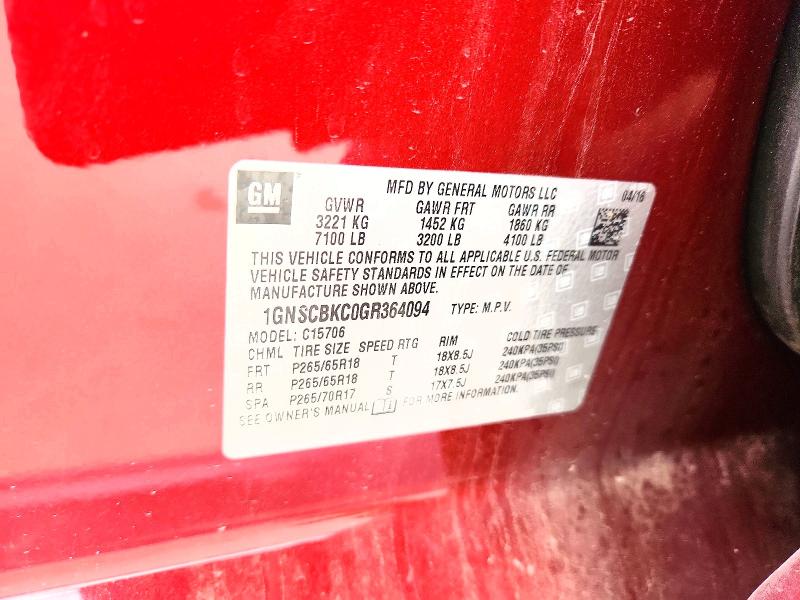 54217756 :رقم المزاد ، 1GNSCBKC0GR364094 vin ، 2016 Chevrolet Tahoe مزاد بيع