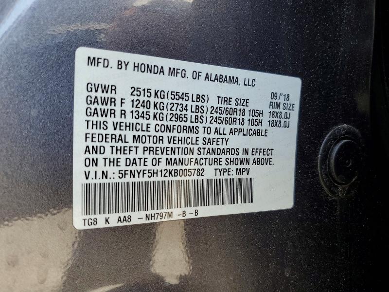 Aukcja sprzedaży 2019 Honda Pilot, vin: 5FNYF5H12KB005782, numer aukcji: 52175126