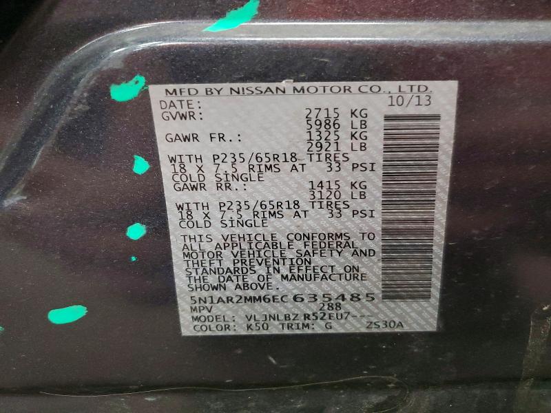 53823476 :رقم المزاد ، 5N1AR2MM6EC635485 vin ، 2014 Nissan Pathfinder مزاد بيع