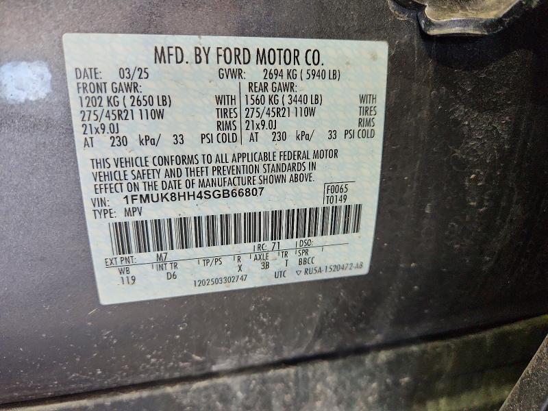 2025 Ford Explorer მანქანა იყიდება აუქციონზე, vin: 1FMUK8HH4SGB66807, აუქციონის ნომერი: 55035596