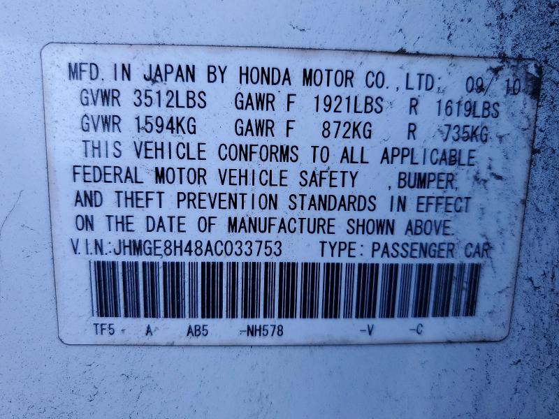 54342596 :رقم المزاد ، JHMGE8H48AC033753 vin ، 2010 Honda Fit مزاد بيع