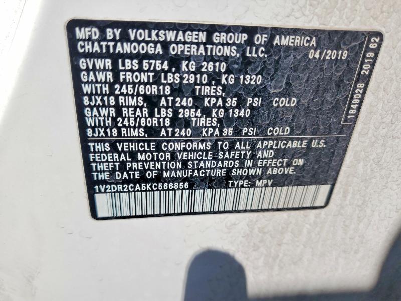 53455816 :رقم المزاد ، 1V2DR2CA5KC566856 vin ، 2019 Volkswagen Atlas مزاد بيع
