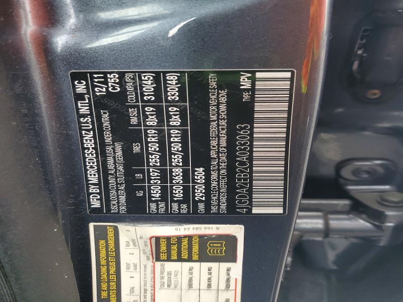 54080796 :رقم المزاد ، 4JGDA2EB2CA033063 vin ، 2012 Mercedes-benz Ml مزاد بيع
