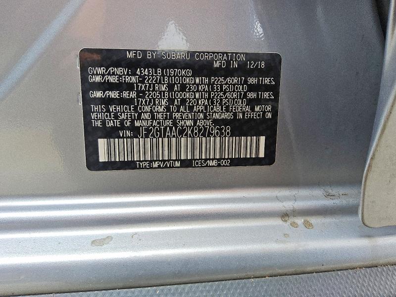 Продаж на аукціоні авто 2019 Subaru Crosstrek, vin: JF2GTAAC2K8279638, номер лоту: 52255056
