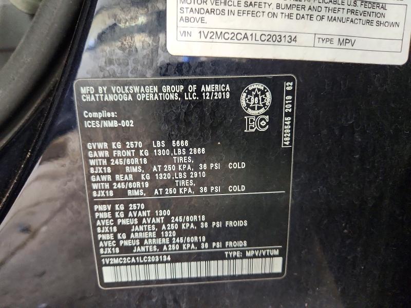 53046756 :رقم المزاد ، 1V2MC2CA1LC203134 vin ، 2020 Volkswagen Atlas Cross Sport مزاد بيع