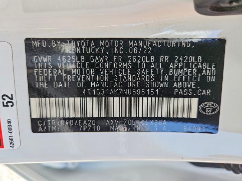 Продаж на аукціоні авто 2022 Toyota Camry Hybrid, vin: 4T1G31AK7NU596151, номер лоту: 54722226