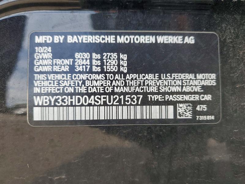 2025 Bmw I4 მანქანა იყიდება აუქციონზე, vin: WBY33HD04SFU21537, აუქციონის ნომერი: 54656186