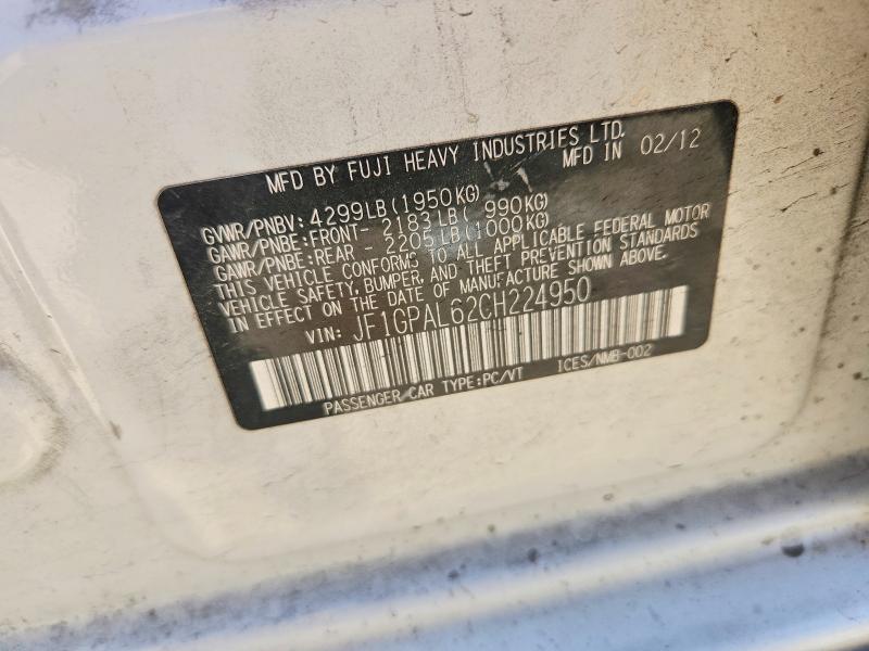 51927706 :رقم المزاد ، JF1GPAL62CH224950 vin ، 2012 Subaru Impreza مزاد بيع