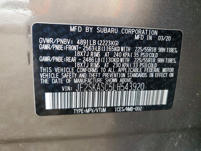 Продажа на аукционе авто 2020 Subaru Forester, vin: JF2SKASC5LH543920, номер лота: 53040716