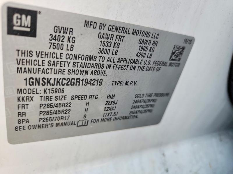 2016 Chevrolet Suburban მანქანა იყიდება აუქციონზე, vin: 1GNSKJKC2GR194219, აუქციონის ნომერი: 54316886