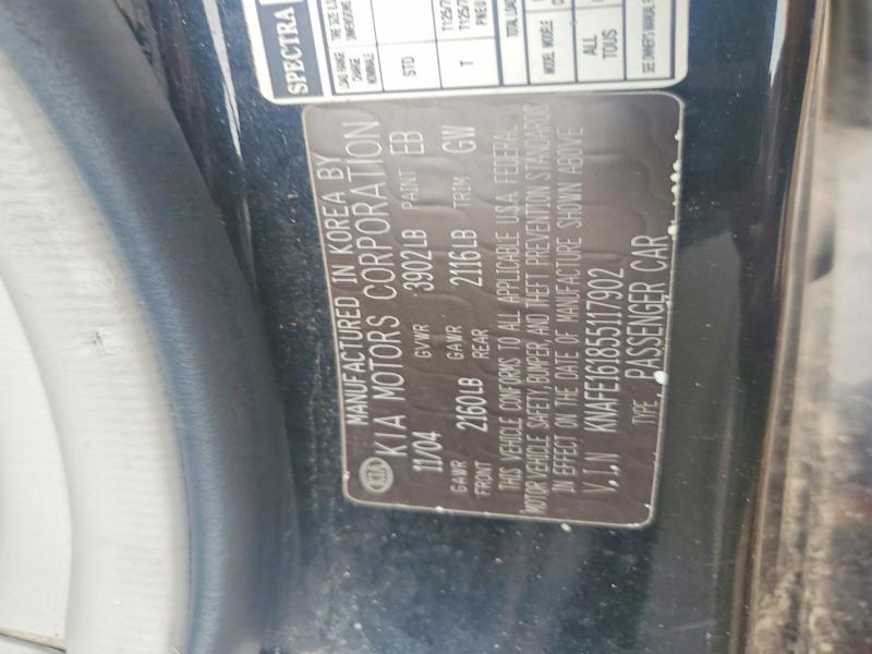 54062296 :رقم المزاد ، KNAFE161855117902 vin ، 2005 Kia Spectra مزاد بيع