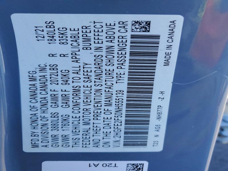 53971736 :رقم المزاد ، 2HGFE2F50NH555139 vin ، 2022 Honda Civic مزاد بيع