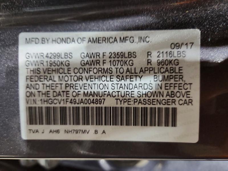 52178466 :رقم المزاد ، 1HGCV1F49JA004897 vin ، 2018 Honda Accord مزاد بيع