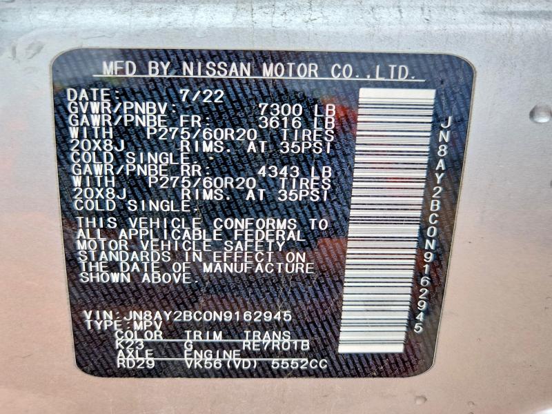 Aukcja sprzedaży 2022 Nissan Armada, vin: JN8AY2BC0N9162945, numer aukcji: 54618486