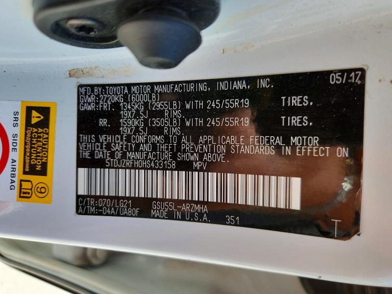 52039586 :رقم المزاد ، 5TDJZRFH0HS433158 vin ، 2017 Toyota Highlander مزاد بيع