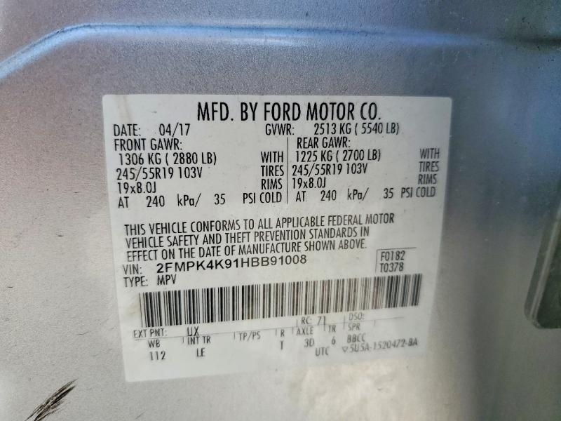 55516636 :رقم المزاد ، 2FMPK4K91HBB91008 vin ، 2017 Ford Edge مزاد بيع