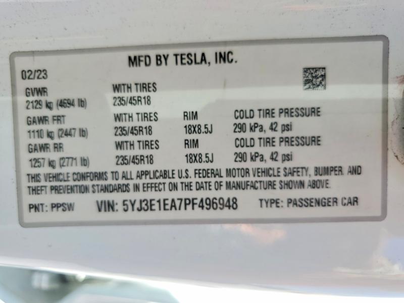 2023 Tesla Model 3 მანქანა იყიდება აუქციონზე, vin: 5YJ3E1EA7PF496948, აუქციონის ნომერი: 53846076