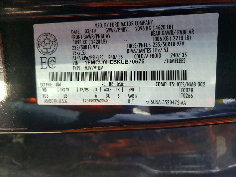 2019 Ford Escape მანქანა იყიდება აუქციონზე, vin: 1FMCU0HD5KUB70676, აუქციონის ნომერი: 53106806