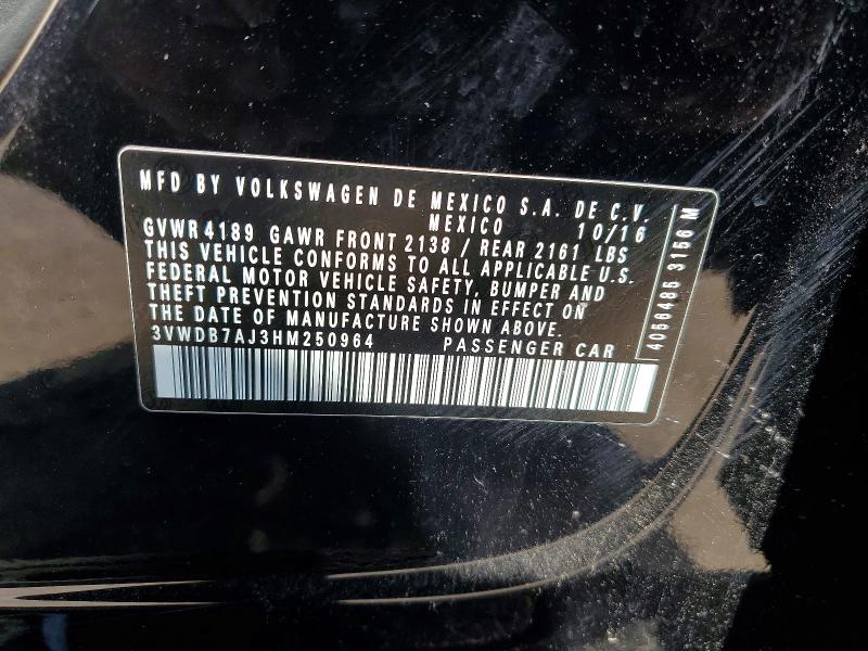 54320316 :رقم المزاد ، 3VWDB7AJ3HM250964 vin ، 2017 Volkswagen Jetta مزاد بيع
