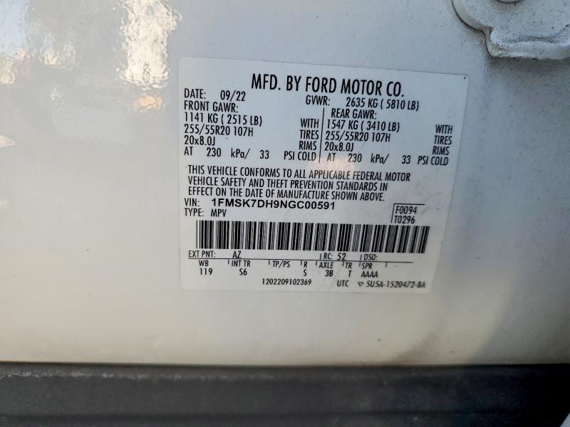 Aukcja sprzedaży 2022 Ford Explorer, vin: 1FMSK7DH9NGC00591, numer aukcji: 52571126