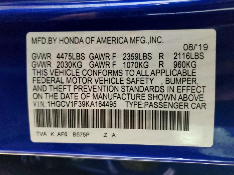 Продаж на аукціоні авто 2019 Honda Accord, vin: 1HGCV1F39KA164495, номер лоту: 51783606