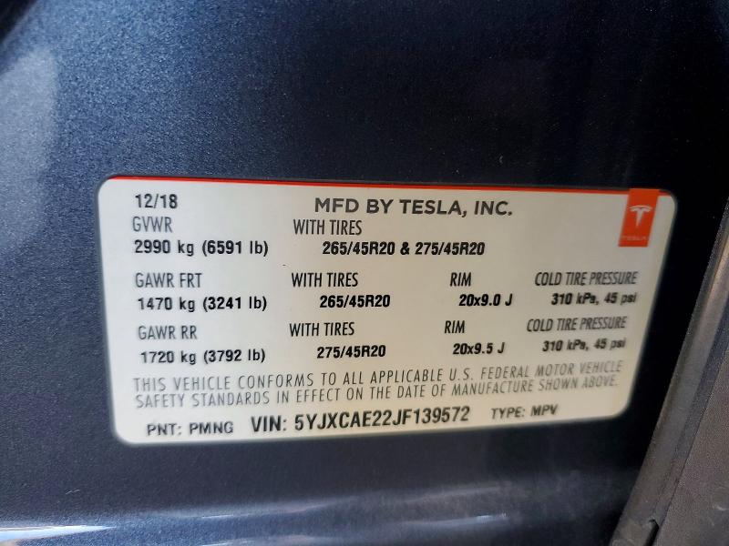 54188636 :رقم المزاد ، 5YJXCAE22JF139572 vin ، 2018 Tesla Model X مزاد بيع