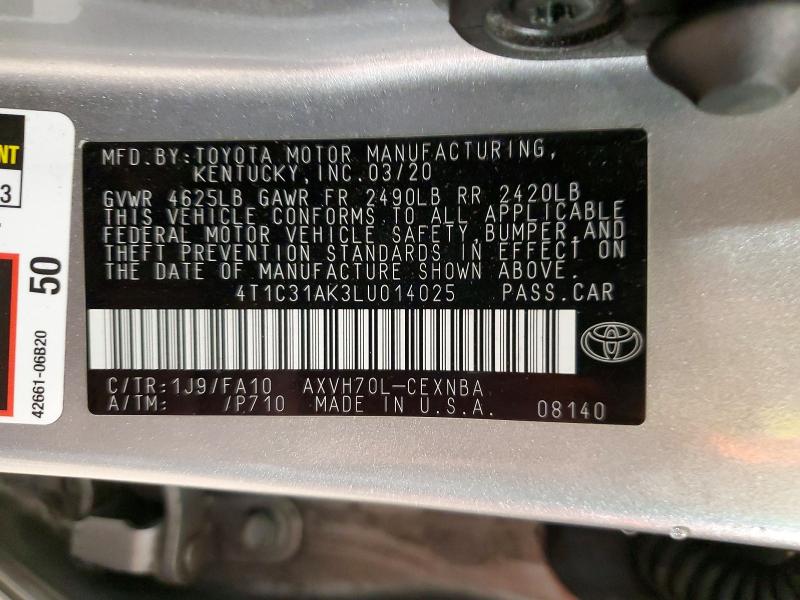 53199226 :رقم المزاد ، 4T1C31AK3LU014025 vin ، 2020 Toyota Camry مزاد بيع