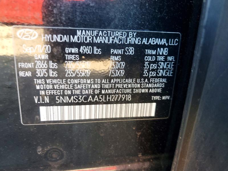 52140336 :رقم المزاد ، 5NMS3CAA5LH277918 vin ، 2020 Hyundai Santa Fe مزاد بيع