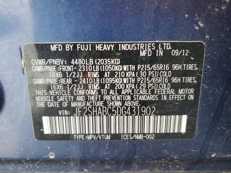 2013 Subaru Forester მანქანა იყიდება აუქციონზე, vin: JF2SHABC5DG431902, აუქციონის ნომერი: 52379676