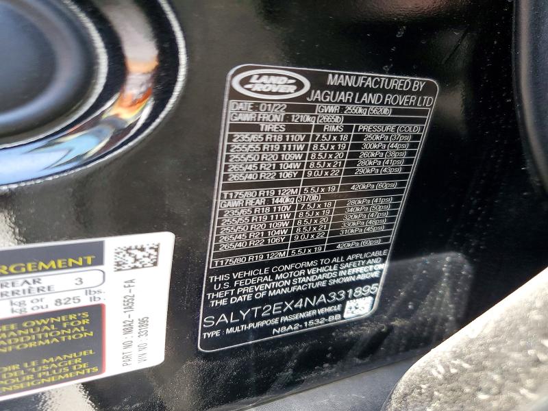 Aukcja sprzedaży 2022 Land Rover Range Rover Velar, vin: SALYT2EX4NA331895, numer aukcji: 54070556