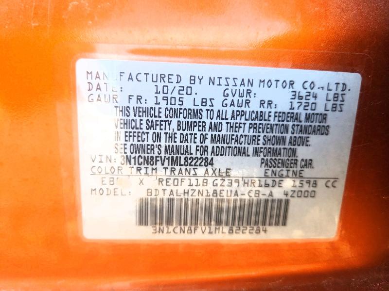 2021 Nissan Versa მანქანა იყიდება აუქციონზე, vin: 3N1CN8FV1ML822284, აუქციონის ნომერი: 53710906