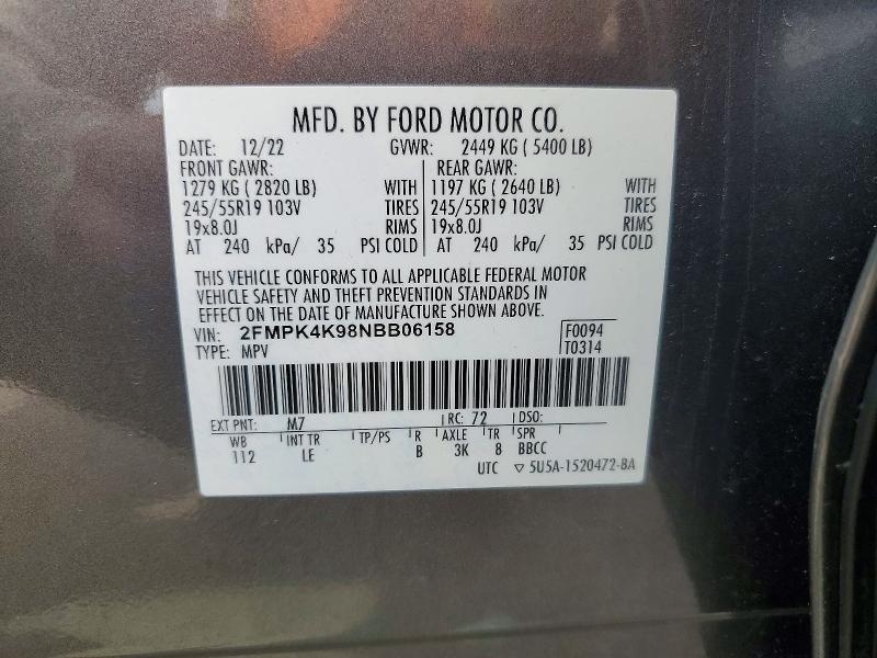 Aukcja sprzedaży 2022 Ford Edge, vin: 2FMPK4K98NBB06158, numer aukcji: 51795096
