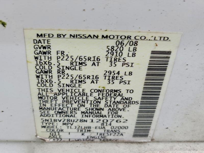 Aukcja sprzedaży 2008 Nissan Quest, vin: 5N1BV28U28N120762, numer aukcji: 52423396