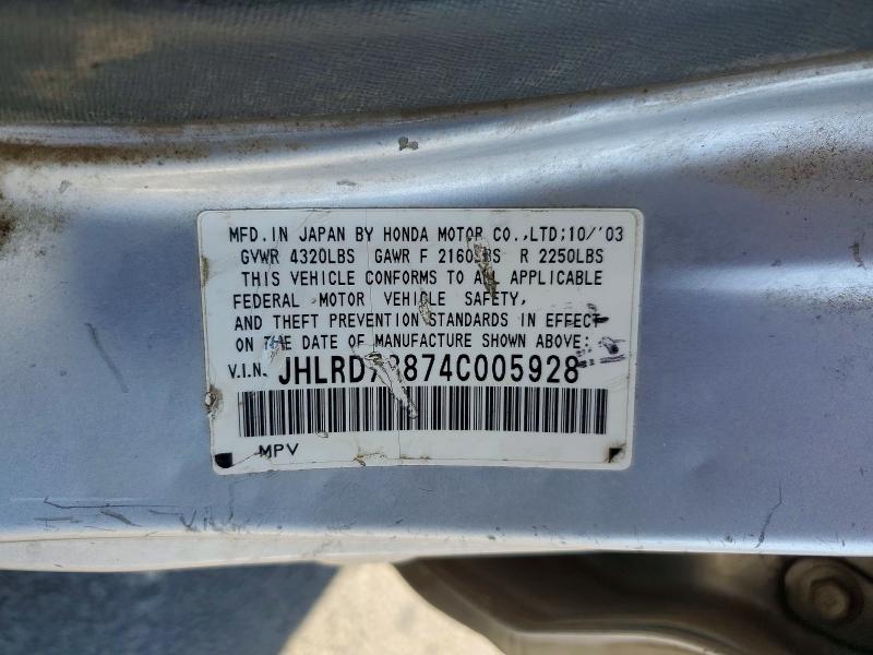Auction sale of the 2004 Honda Cr-v, vin: JHLRD78874C005928, lot number: 54002536