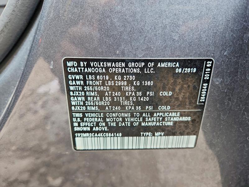 52863866 :رقم المزاد ، 1V2MR2CA4KC584149 vin ، 2019 Volkswagen Atlas مزاد بيع