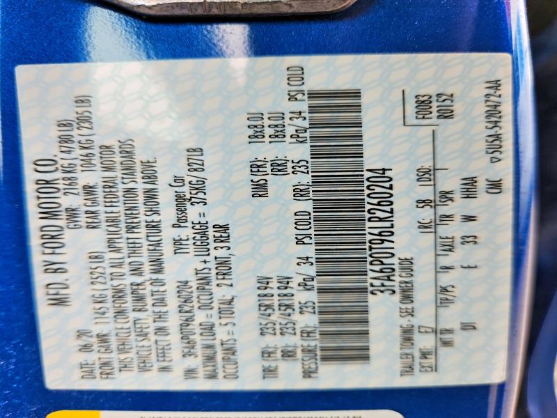 2020 Ford Fusion მანქანა იყიდება აუქციონზე, vin: 3FA6P0T96LR260204, აუქციონის ნომერი: 53849286