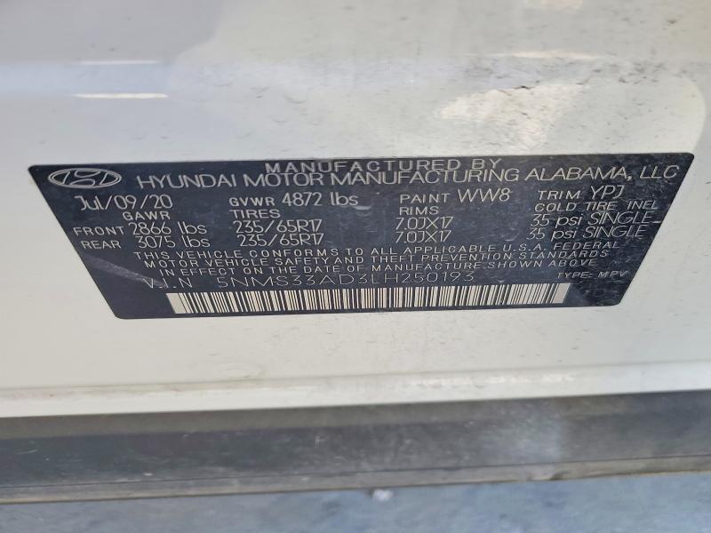 Aukcja sprzedaży 2020 Hyundai Santa Fe, vin: 5NMS33AD3LH250193, numer aukcji: 53175156
