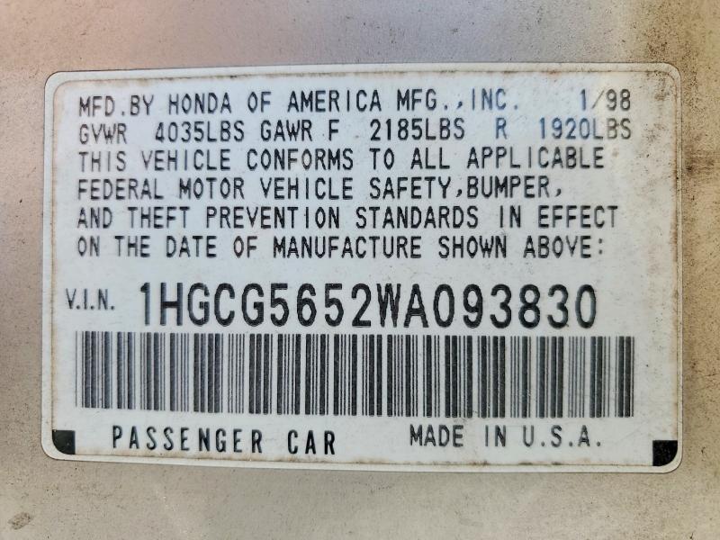 Aukcja sprzedaży 1998 Honda Accord, vin: 1HGCG5652WA093830, numer aukcji: 53415146