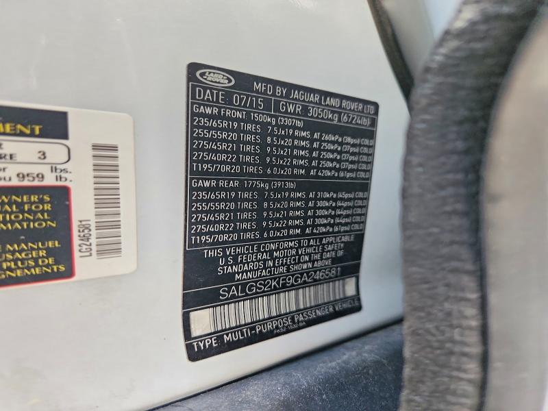 2016 Land Rover Range Rover მანქანა იყიდება აუქციონზე, vin: SALGS2KF9GA246581, აუქციონის ნომერი: 53081016