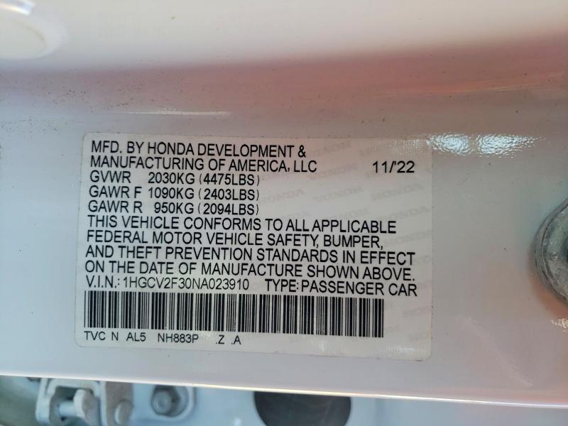 2022 Honda Accord მანქანა იყიდება აუქციონზე, vin: 1HGCV2F30NA023910, აუქციონის ნომერი: 52311256