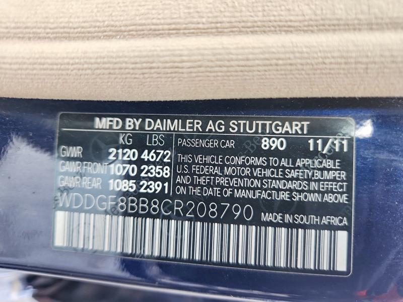2012 Mercedes-benz C მანქანა იყიდება აუქციონზე, vin: WDDGF8BB8CR208790, აუქციონის ნომერი: 52880066