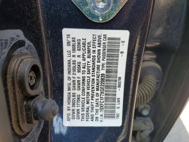 52550946 :رقم المزاد ، 19XFC1F7XGE220839 vin ، 2016 Honda Civic مزاد بيع