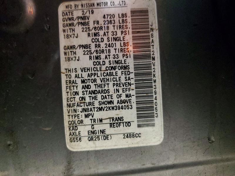 55166926 :رقم المزاد ، JN8AT2MV2KW394053 vin ، 2019 Nissan Rogue مزاد بيع
