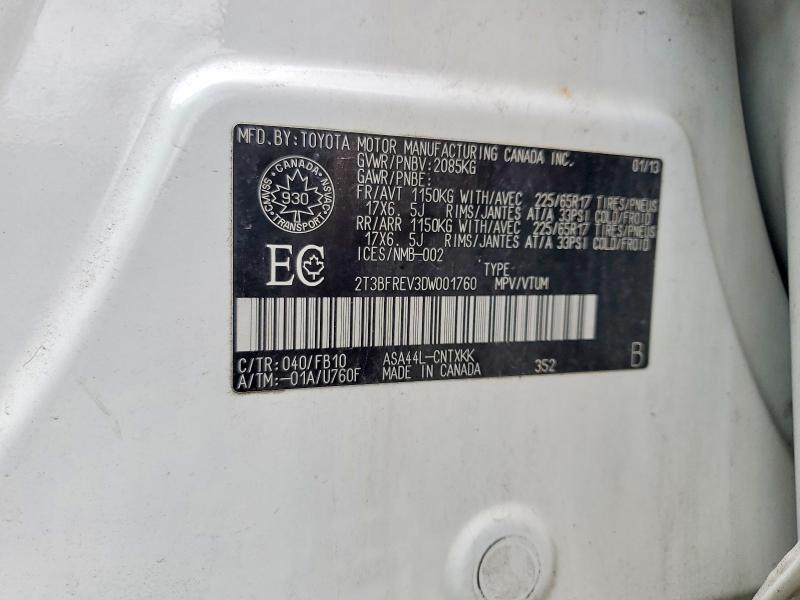 2013 Toyota Rav4 მანქანა იყიდება აუქციონზე, vin: 2T3BFREV3DW001760, აუქციონის ნომერი: 52990776