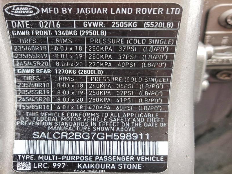 Aukcja sprzedaży 2016 Land Rover Discovery Sport, vin: SALCR2BG7GH598911, numer aukcji: 54723036