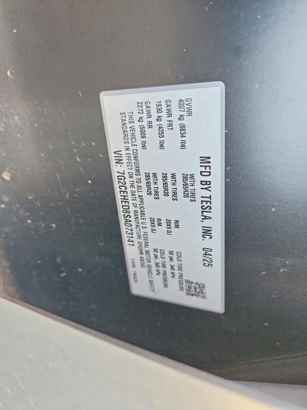 Продаж на аукціоні авто 2025 Tesla Cybertruck, vin: 7G2CEHED8SA073141, номер лоту: 52459736